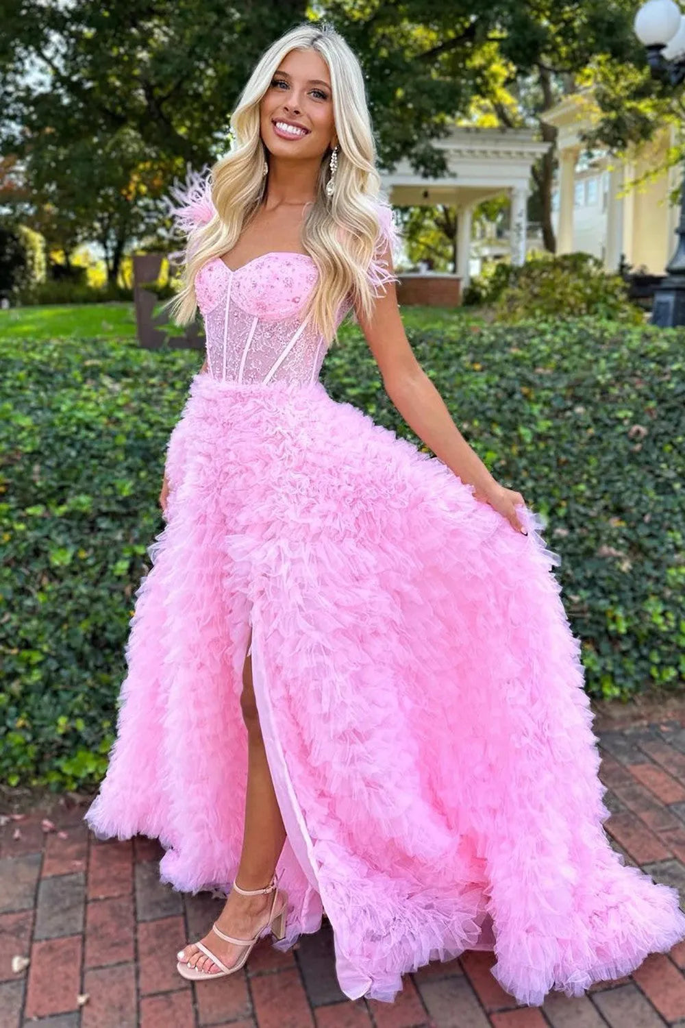 Wholesale Cute A-Line Feather Straps Long Ruffle Prom Dress With Split long prom dresses with sleeves
